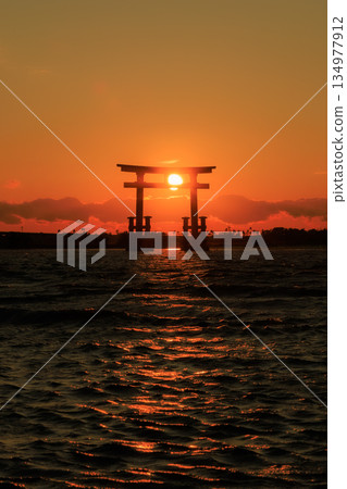 New Year's Day sunset over the torii gate of Bentenjima, Hamamatsu City New Year's Day sunset over the torii gate of Bentenjima, Hamamatsu City 134977912