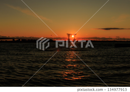 New Year's Day sunset over the torii gate of Bentenjima, Hamamatsu City 134977913