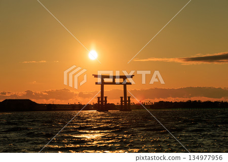 New Year's Day sunset over the torii gate of Bentenjima, Hamamatsu City New Year's Day sunset over the torii gate of Bentenjima, Hamamatsu City 134977956