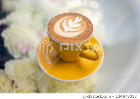 Top view of hot cappuccino, focus selective 134978018