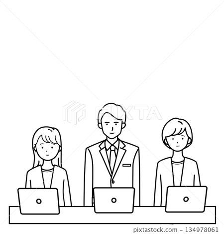 一幅描繪商務團隊在開會中使用筆記型電腦的線條畫插圖 134978061