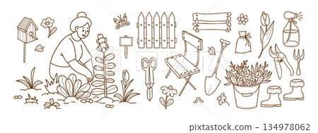 Garden Hand Drawn Set. Woman Gardener Farmer with Flower Garden, Birdhouse, Fence, Tools, Bouquet in Bucket, Rubber Boots and Wooden Chair. Isolated Outline Doodle. Vector illustration. Not AI 134978062