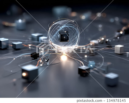 一個未來主義風格的CG圖像，描繪了一個發光球體，其核心是一個資料立方體。 134978145