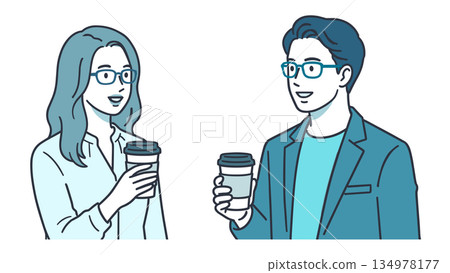 商務溝通插圖,描繪了男女在咖啡旁交談的場景。 商務溝通插圖,描繪了男女在咖啡旁交談的場景。 134978177