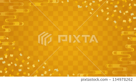 Japanese-style background material with gold checkered pattern, flowing water crest and confetti 134978262