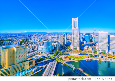View of the cityscape of Yokohama, Japan, including Mt. Fuji, Sakuragicho Station, Yokohama Landmark Tower, and Shin-Yokohama (far right). Towards a new era 134978263