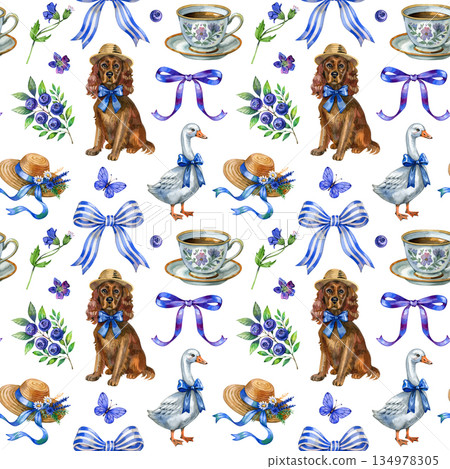 Vintage seamless watercolor illustration featuring charming cottagecore motifs: dog in a hat, goose with bow, floral teacups, ribbons, butterflies, and blueberry branches. Ideal for fabric prints Vintage seamless watercolor illustration featuring charming cottagecore motifs: dog in a hat, goose with bow, floral teacups, ribbons, butterflies, and blueberry branches. Ideal for fabric prints 134978305