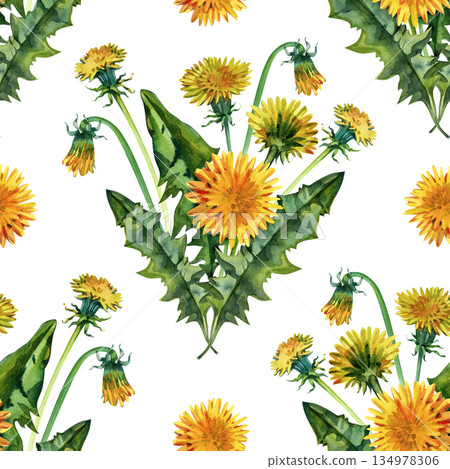 Seamless watercolor illustration pattern with vibrant yellow dandelions and lush green leaves. Botanical floral design perfect for spring textiles, wrapping paper, stationery, and decorative surface 134978306