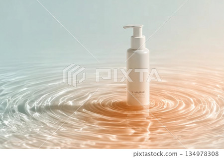 White pump skincare bottle on soft surface with water ripple texture. Minimalist mockup design with pastel tones and calm lighting White pump skincare bottle on soft surface with water ripple texture. Minimalist mockup design with pastel tones and calm lighting 134978308
