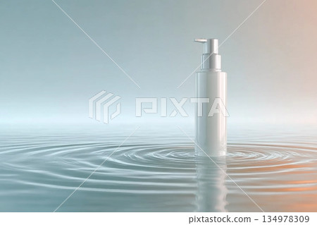 White pump skincare bottle on soft surface with water ripple texture. Minimalist mockup design with pastel tones and calm lighting White pump skincare bottle on soft surface with water ripple texture. Minimalist mockup design with pastel tones and calm lighting 134978309