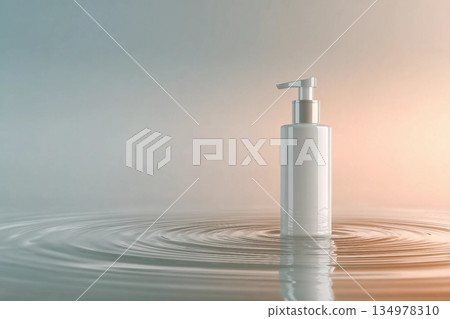 White pump skincare bottle on soft surface with water ripple texture. Minimalist mockup design with pastel tones and calm lighting White pump skincare bottle on soft surface with water ripple texture. Minimalist mockup design with pastel tones and calm lighting 134978310