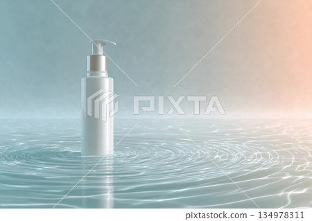 White pump skincare bottle on soft surface with water ripple texture. Minimalist mockup design with pastel tones and calm lighting White pump skincare bottle on soft surface with water ripple texture. Minimalist mockup design with pastel tones and calm lighting 134978311