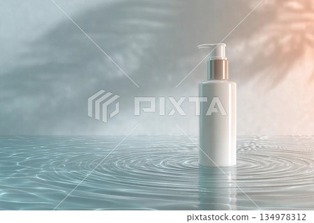 White pump skincare bottle on soft surface with water ripple texture. Minimalist mockup design with pastel tones and calm lighting White pump skincare bottle on soft surface with water ripple texture. Minimalist mockup design with pastel tones and calm lighting 134978312