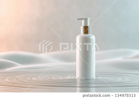 White pump skincare bottle on soft surface with water ripple texture. Minimalist mockup design with pastel tones and calm lighting White pump skincare bottle on soft surface with water ripple texture. Minimalist mockup design with pastel tones and calm lighting 134978313