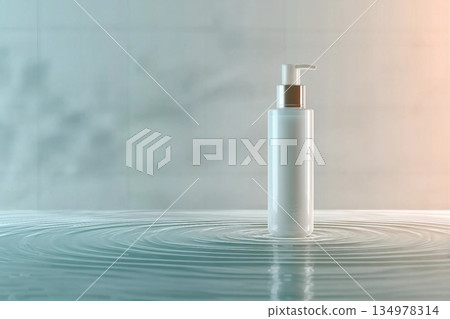 White pump skincare bottle on soft surface with water ripple texture. Minimalist mockup design with pastel tones and calm lighting White pump skincare bottle on soft surface with water ripple texture. Minimalist mockup design with pastel tones and calm lighting 134978314