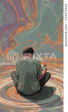 a person hypnotized by their cell phone 134978442