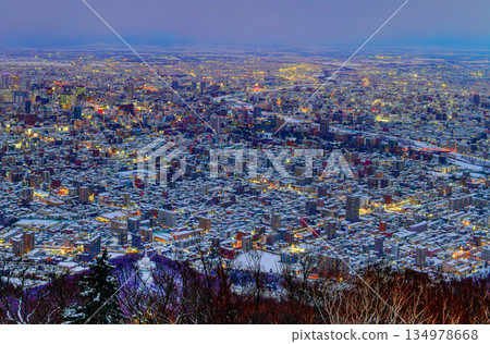 Night view of Sapporo cityscape in winter at twilight from Mt. Moiwa observation, the best city view point, Sapporo, Hokkaido, Japan 134978668