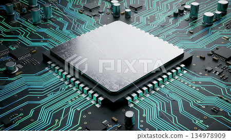 特寫鏡頭：一塊現代CPU微晶片位於黑色電路板上，被藍色霓虹燈照亮。 134978909