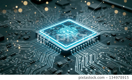 特寫鏡頭：一塊現代CPU微晶片位於黑色電路板上，被藍色霓虹燈照亮。 134978915