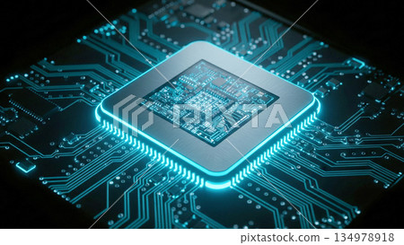 特寫鏡頭：一塊現代CPU微晶片位於黑色電路板上，被藍色霓虹燈照亮。 134978918
