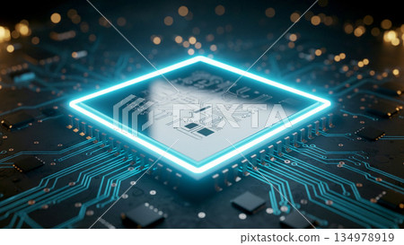 Close-up of a modern CPU microchip on a black circuit board illuminated by blue neon light Close-up of a modern CPU microchip on a black circuit board illuminated by blue neon light 134978919