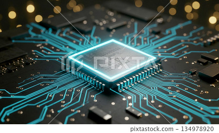 Close-up of a modern CPU microchip on a black circuit board illuminated by blue neon light 134978920