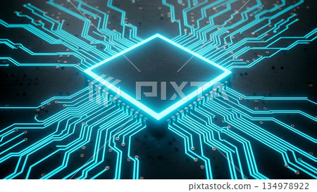 特寫鏡頭:一塊現代CPU微晶片位於黑色電路板上,被藍色霓虹燈照亮。 特寫鏡頭:一塊現代CPU微晶片位於黑色電路板上,被藍色霓虹燈照亮。 134978922