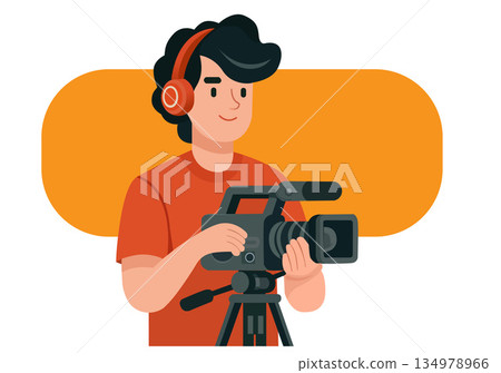 llustration Professional Videographer Operating Video Camera with Headphones llustration Professional Videographer Operating Video Camera with Headphones 134978966