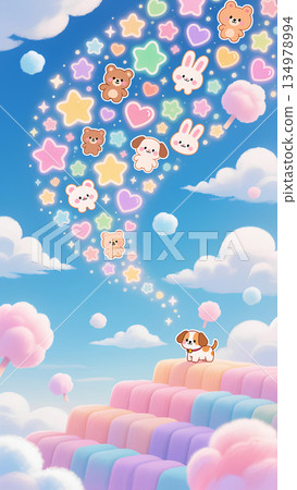 一個充滿可愛動物和蓬鬆雲朵的柔和色調世界 134978994