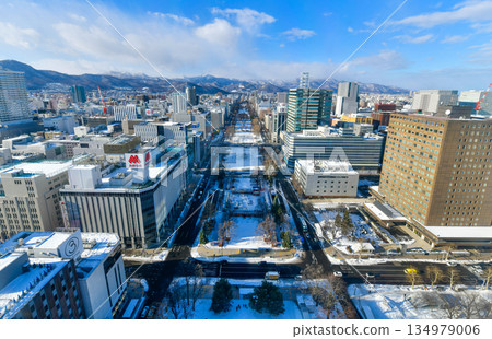 Beautiful view of Odori Park and the Sapporo city view in winter on TV Tower observation deck in Hokkaido Prefecture. 134979006