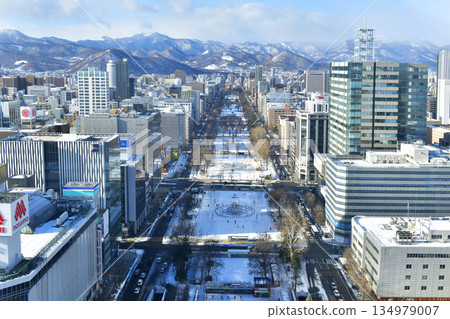 Beautiful view of Odori Park and the Sapporo city view in winter on TV Tower observation deck in Hokkaido Prefecture. 134979007