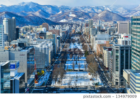 Beautiful view of Odori Park and the Sapporo city view in winter on TV Tower observation deck in Hokkaido Prefecture. 134979009