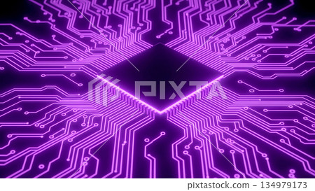 Close-up of a modern CPU microchip on a black circuit board illuminated by purple neon light 134979173
