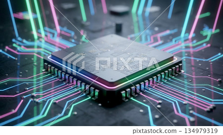 Close-up of a modern CPU microchip on a black circuit board illuminated by purple, blue and pink neon lights Close-up of a modern CPU microchip on a black circuit board illuminated by purple, blue and pink neon lights 134979319