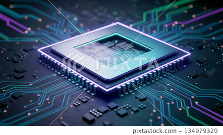 特寫鏡頭：一塊現代CPU微晶片位於黑色電路板上，被紫色、藍色和粉紅色的霓虹燈照亮。 134979320