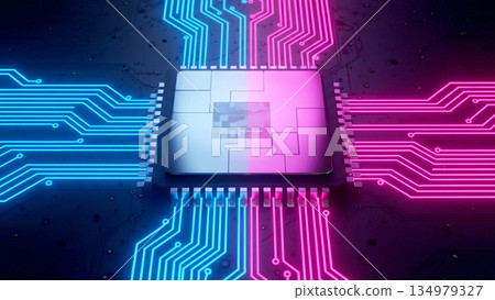 Close-up of a modern CPU microchip on a black circuit board illuminated by purple, blue and pink neon lights 134979327
