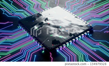 Close-up of a modern CPU microchip on a black circuit board illuminated by purple, blue and pink neon lights 134979328