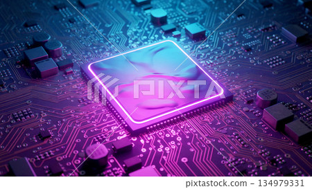 特寫鏡頭：一塊現代CPU微晶片位於黑色電路板上，被紫色、藍色和粉紅色的霓虹燈照亮。 134979331