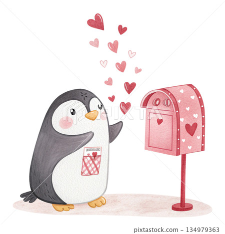 Valentine themed penguin character with hearts flying from mailbox white background  134979363