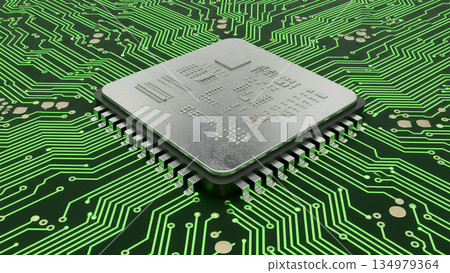 特寫鏡頭：一塊現代CPU微晶片位於黑色電路板上，被綠色霓虹燈照亮。 134979364