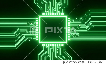 特寫鏡頭：一塊現代CPU微晶片位於黑色電路板上，被綠色霓虹燈照亮。 134979365