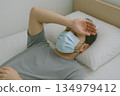 Indoor image of a person feeling unwell and lying down 134979412