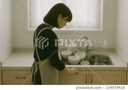 室內場景：一個人在水槽前感到身體不適。 134979416