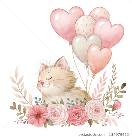 Whimsical pastel watercolor artwork of a super cute sleeping cat in the middle surrounded by floating heart balloons white background  134979453