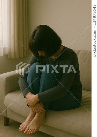 一位女士安靜地坐在沙發上，蜷縮著身子，憂心忡忡。 134979545