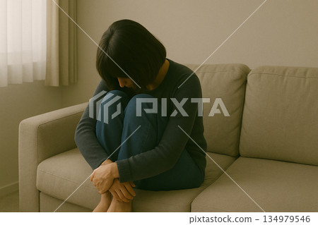 室內照片，一位女士坐在沙發上沉思。 134979546