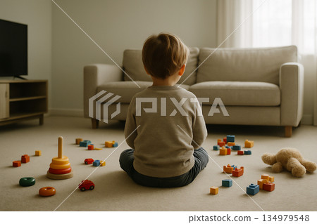 孩子背對著鏡頭坐在散落的玩具前 134979548