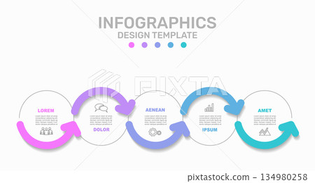 Curved arrow infographic timeline with segments and icons, for process visualization, business presentations. Vector illustration. Curved arrow infographic timeline with segments and icons, for process visualization, business presentations. Vector illustration. 134980258