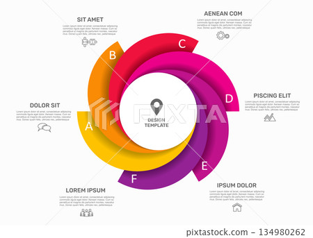 Circular infographic with segments and icons, ideal for process visualization, planning, or presentation. Vector illustration. 134980262