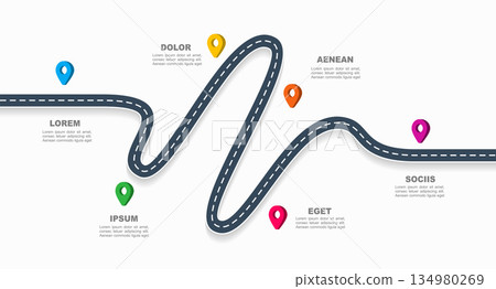 Infographic timeline with winding road and colorful markers, ideal for visualizing milestones, planning, or presentations. Vector. Infographic timeline with winding road and colorful markers, ideal for visualizing milestones, planning, or presentations. Vector. 134980269
